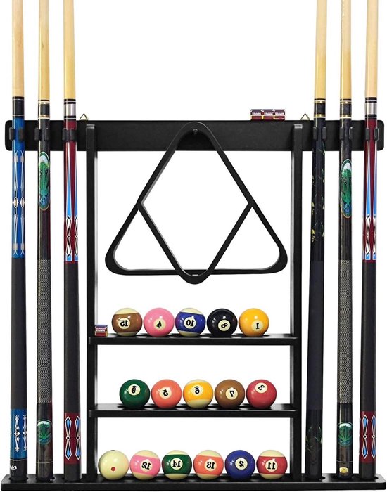 Biljart Keu Rek - Keuhouder Wandmontage - Biljart Accessoires Organiseren - Ruimte voor 6 Keus - 27.16"x28.25"x2.75" - Zwart