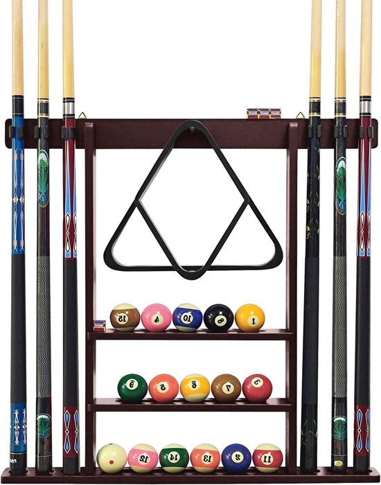 Biljart Keu Rek - Pool Keu Houder - Biljart Accessoires Organiseren - Massief Houten Constructie - 6 Keuen - Mahonie