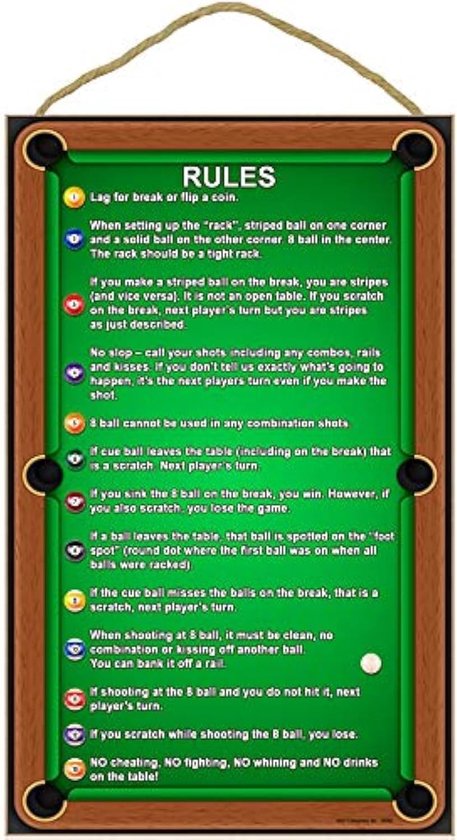 Biljart Regelbord - Pool Tafel Regels - Spel Duidelijkheid - Gemaakt in VS - 10 x 16 inch - Houtkleur