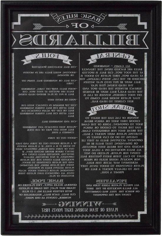 Biljart Regelbord - Spel Instructies - Decoratie Spelruimte - Stijlvol Houten Frame - 183 x 122 cm - Zwart van Merkloos