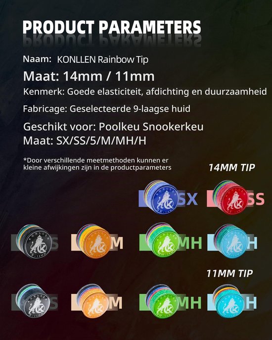 Biljart Tip 11mm-S - Regenboog - 9 Lagen Varkenshuid - Verhoogt speelprecisie - Vemera