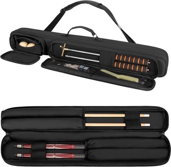 Biljartkeu Etui voor 1 Keu en 1 Schacht, Pool Cue Case met Handvat en Afneembare Schouderriem, Gewatteerde Opbergtas met Accessoirezakken