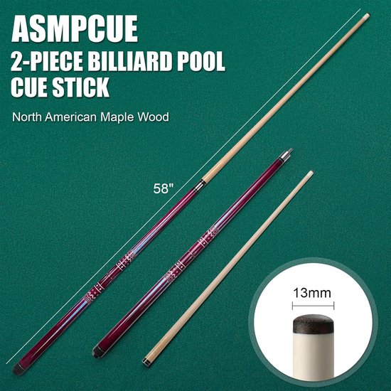 Biljartkeu - Poolcue Stok - Biljart Spelen - Houten Keu - 58 Inch - Rood