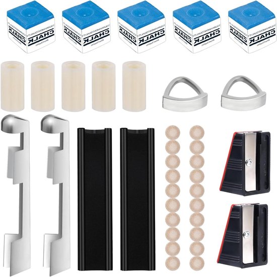 Biljartkeu reparatieset met 36 stuks accessoires inclusief tipklemmen en krijtblokjes van Merkloos