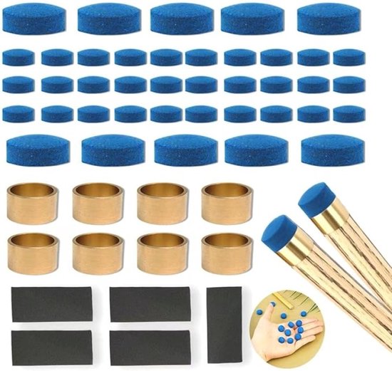 Biljartkeu Tips Set 53-delig - 9-12mm Leren Keutopjes met Messing Ferrules en 240 Korrel Schuurpapier - Vervangbare Snooker en Pool Keu Punten