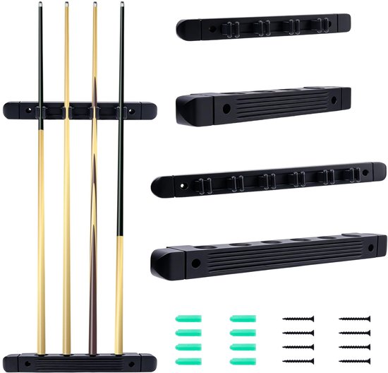 Biljartkeu Wandhouder - Set Van 2 Zwarte Keu-standaards - Massief Hout - Ruimtebesparend - Voor 4 En 6 Keus - Keu Organizer