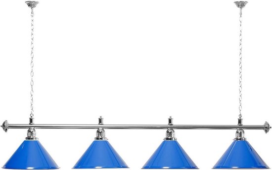 Biljartlamp met 4 kappen blauw zilverkleurige houder als hanglamp voor biljarttafels