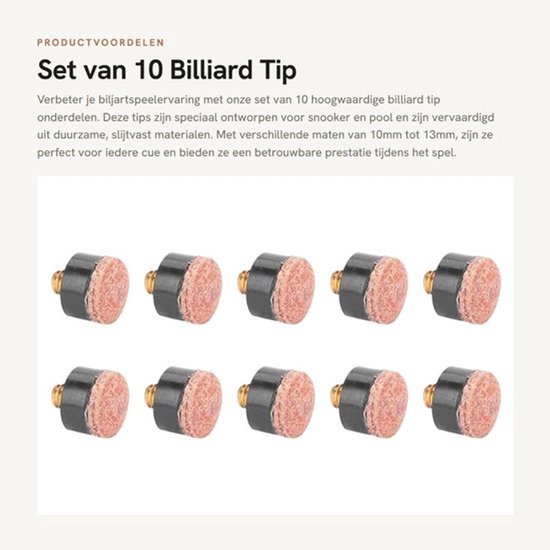 Biljarttip Set van 10 - 10mm/11mm/12mm/13mm - Duurzaam - Vervangingsonderdelen - Eenvoudig te installeren - Hoge kwaliteit - Keu Tip