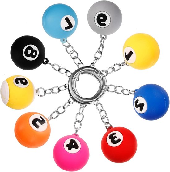 Billiard Sleutelhangers - Pool Bal - Decoratieve Accessoires - Set van 9 - 9 cm - Diverse kleuren