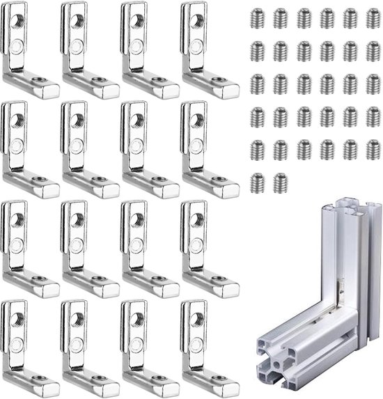 binnenhoek, 16 stuks, 2020 M5 hoekverbinder met 36 schroeven, aluminium profielen verbindingsgroef 6 T-sleuf 90° L-vorm klemmen, binnenhoekverbinders, profielverbinders, zinklegering voor
