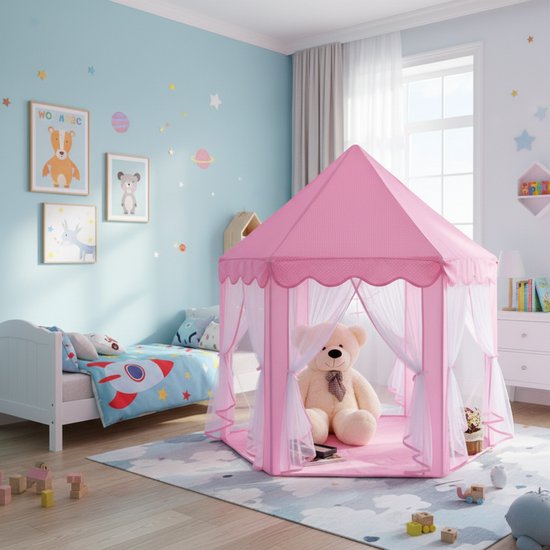 Bobbel Home - Speeltent voor Kinderen - Speelhuisje - Prinsessen kasteel -Met Bodem - 135x135x140cm - Roze van Bobbel Home