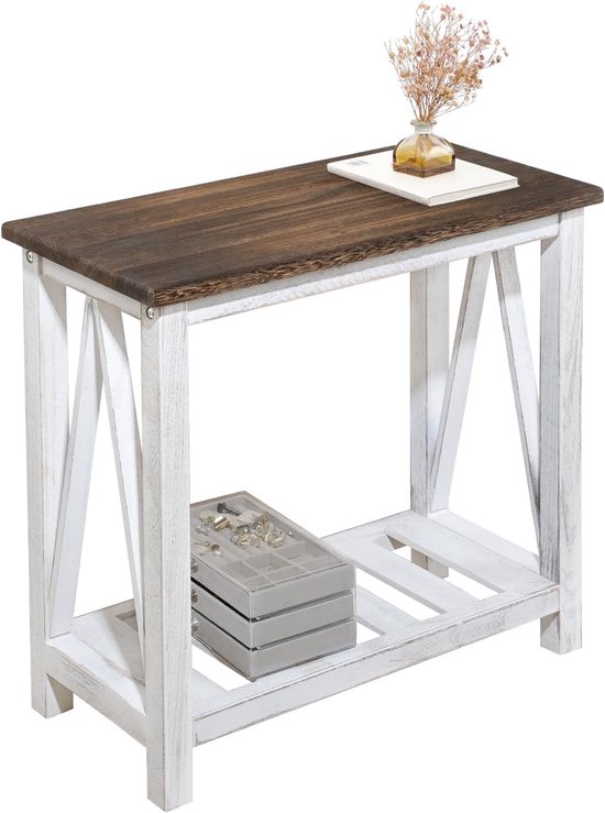 Boerderijbijzettafel van hout, nachtkastje met plank, smal, rustieke vintage bijzettafel, nachtkastje voor slaapkamer, woonkamer, hal, slaapzaal, bruin en wit