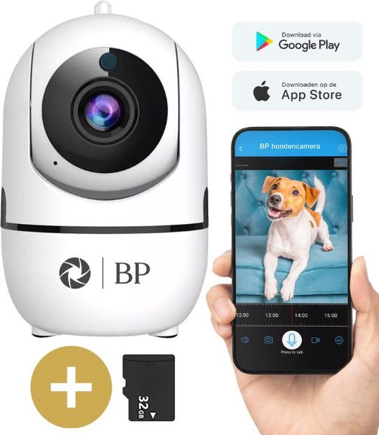 BP® Huisdiercamera - Hondencamera - Dog Camera - IP Beveiligingscamera - Indoor Camera - 2 Weg Audio- WiFi - 2.4 GHZ - Beweeg en Geluidsdetectie - Met 32GB SD kaart - ONVIF -Nederlandse Handleiding van BP