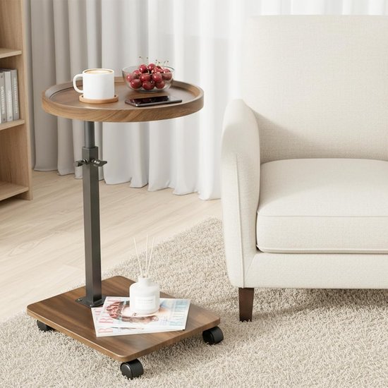 C-tafel, in hoogte verstelbaar, C-vormige bijzettafel voor bank, 360 graden draaibaar, tv-blad, salontafels die eronder kunnen worden geschoven (Rund – Walnuss-o1)