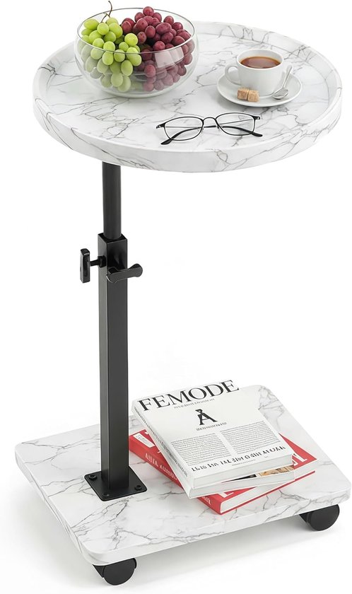 C-tafel, in hoogte verstelbaar, C-vormige bijzettafel voor bank, 360 graden draaibaar, tv-blad, salontafels die eronder kunnen worden geschoven (Rund – Weißer Marmor-01)