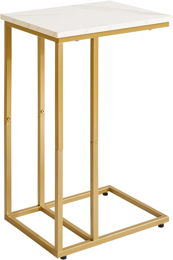 C-vorm bijzettafel, bedtafel, laptoptafel, bijzettafel, bank, geschikt voor slaapkamer, woonkamer, kantoor, witte marmeren kleur, houten planken met gouden metalen frame, YD-TM051G