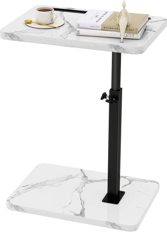 C-vormige bijzettafel, 360° draaibare in hoogte verstelbare eindtafel voor kleine ruimtes, met sleuf voor telefoon en tablet, moderne kleine koffietafel voor bank/bed, zwart en wit TVT003BW