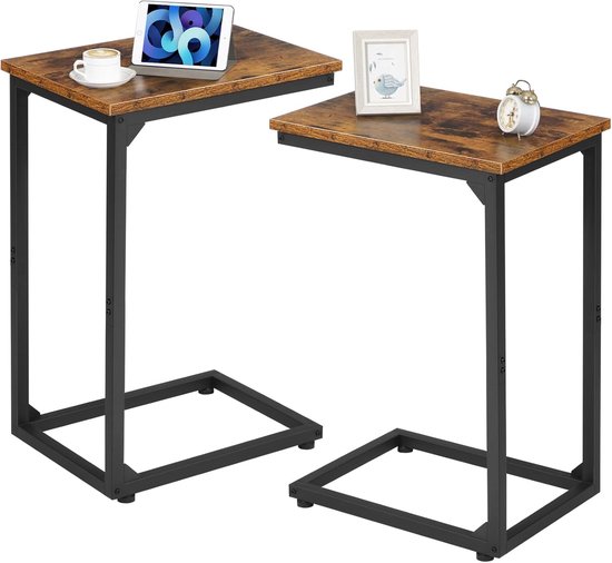 C-vormige Bijzettafel, kleine salontafel banktafel, houten koffietafel, nachtkastje met metalen frame, bedtafel set van 2 voor woonkamer en Slaapkamer, Bruin EHET02CBR