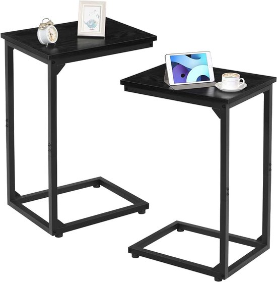 C-vormige Bijzettafel, kleine salontafel banktafel, houten koffietafel, nachtkastje met metalen frame, bedtafel set van 2 voor woonkamer en Slaapkamer, Zwart EHET02CBK
