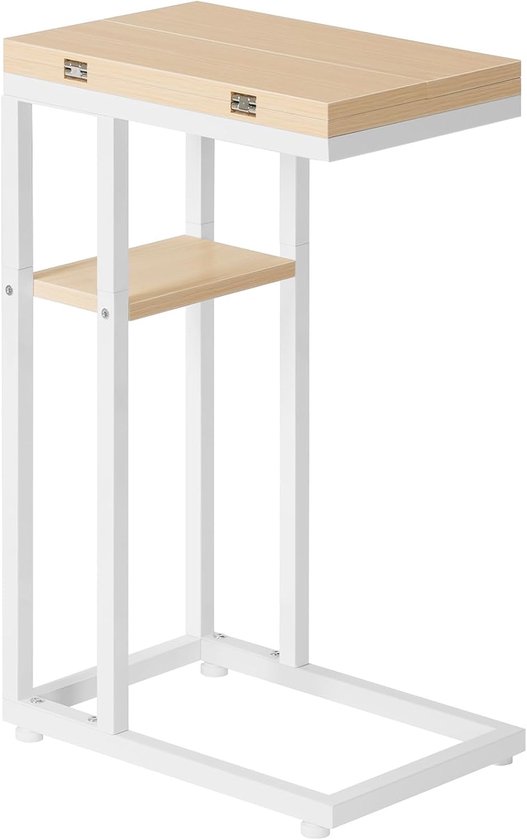 C-vormige bijzettafel, opklapbare banktafel, salontafel, snacktafel met opbergplank, smal nachtkastje voor woonkamer, slaapkamer, metalen frame, witte en houten afwerking EWN29SF01