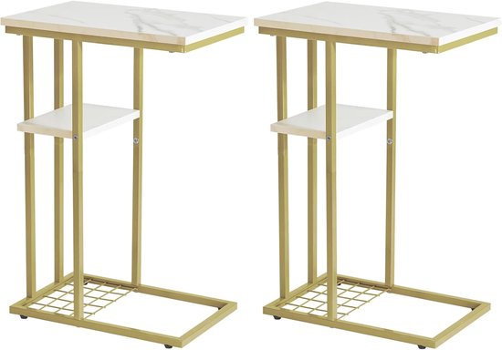 C-Vormige Bijzettafel Set van 2, Bijzettafel voor Bank en Bed, Salontafel voor Kleine Ruimtes, Woonkamer, Slaapkamer, Industriële Kleine Tafel met Opbergplank, Marmer Patroon Wit en Goud HST004W