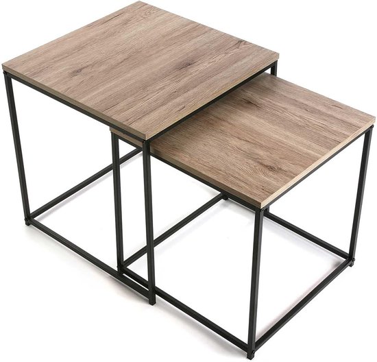 Cambridge Bijzettafel voor woonkamer, slaapkamer of keuken. Moderne Salontafel, Set van 2, Afmetingen (H x B x H) 50 x 50 x 50 cm, Hout en Metaal, Kleur Bruin