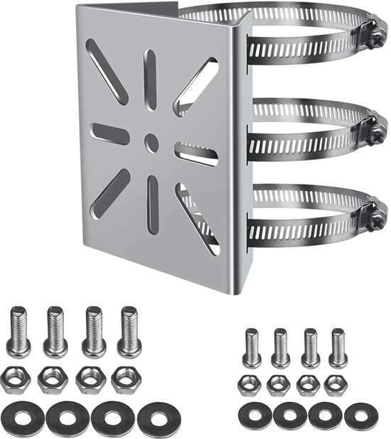 Ceschikt voor Universele verticale paalbevestigingsbeugel voor beveiligingscamera's, roestvrijstalen hoekbevestigingsbeugel met 3 ringvormige buisklemmen, geschikt voor CCTV-camera's, LED-wand-/podiumverlichting en kleine zonnepanelen. van Merkloos