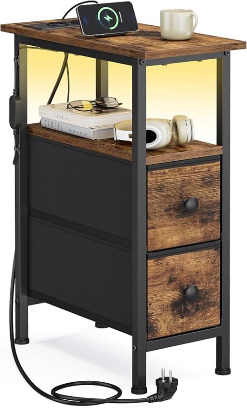 Collectie - bijzettafel, nachtkastje met meervoudig stopcontact, smalle salontafel met led, 2 laden, woonkamer, slaapkamer, vintage bruin LGS002K102