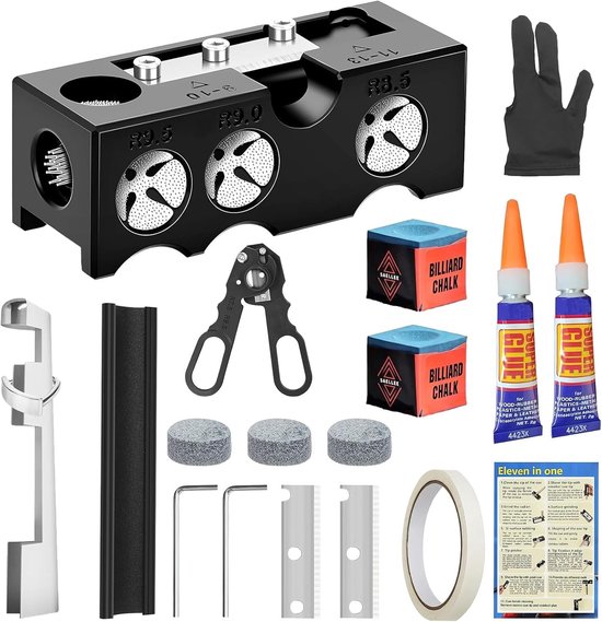 Complete 11-in-1 Pool Cue Tip Shaper en Vervangset voor Billiard Stokken, Inclusief 11 Stuks Pool Cue Onderhoudsaccessoires