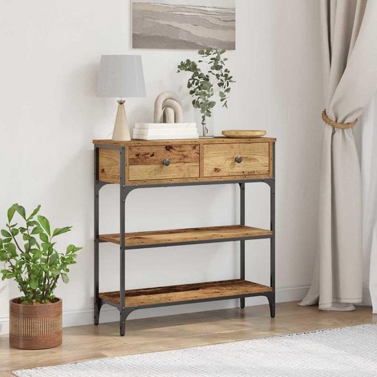 Consoletafel met plank van hout en staal, 72,5 x 25 x 75 cm, smalle tafeltjes voor woonkamer of hal, veelzijdig inzetbaar met praktische opbergruimte