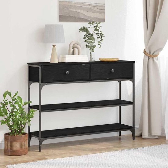 Consoletafel met stalen poten, eikenlook, 100 cm, smalle tafel met plank en lade, stabiel houtmateriaal voor woonkamer, hal of entree