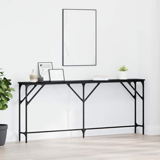 Consoletafel met zwart tafelblad in eiken-look, 180 cm lengte, zwarte tafel van houtmateriaal en ijzer, voor woonkamer of hal