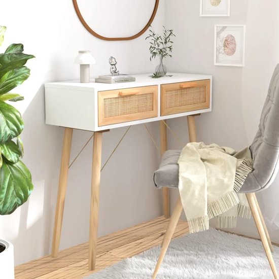 Consoletafel, wit, 80 x 30 x 75 cm, met 2 laden, rotandesign en poten van massief grenenhout, Scandinavische stijl, voor hal en woonkamer
