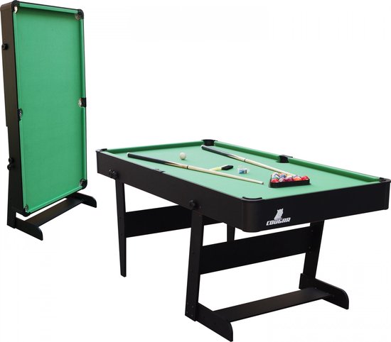 Cougar Hustle L opklapbare Pooltafel in Zwart/groen - 5ft. Poolbiljart tafel inclusief één set poolballen, triangel, 2 keuen, biljartkrijt en borstel - 153x76x79cm
