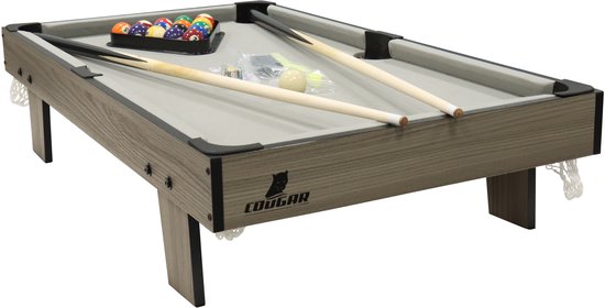 Cougar Pooltafel Mini 3 ft – Compacte Pooltafel in Eiken/Grijs – Opzettafel - Inclusief Ballen, Keuen, Triangel, Krijt & Borstel van Merkloos