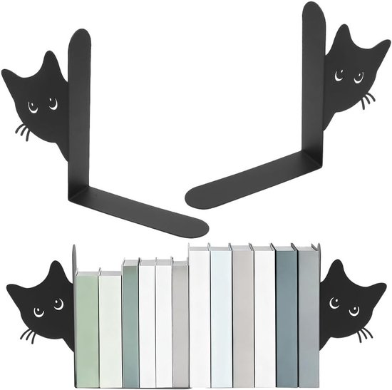Creatieve Kat Boekensteunen, 2 Stuks, Zwart Met Antislipmat, Decoratieve Boekenhouder voor Thuis en Kantoor, 15 x 4 x 18 cm, Schattige Kat Gezicht Boekenstopper