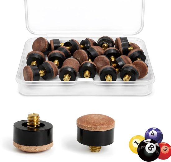 Dailygoods - 20 stuks biljartkeu-punten, 12 mm en 13 mm, reserveset met opbergdoos, hoogwaardig kunstleer, universeel geschikt voor biljart, zwembad en snookerkeus, antislip voor betere balcontrole