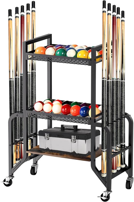 Dailygoods- Biljartkeuhouder 3 Etages - Biljartstandaard voor 10 Stokken - Ruimtebesparend Ontwerp - Met 4 Wielen - Veilige Keu-Opslag - Compacte Basi