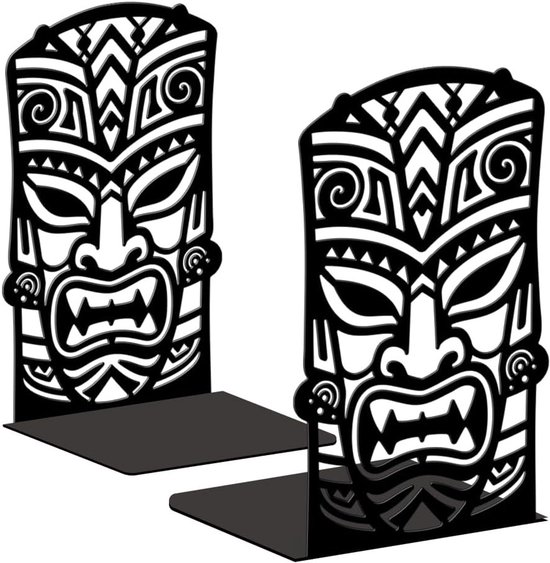Decoratieve boekensteunen in modern design met Tiki-masker, metalen boekenhouders voor zware boeken, ideaal voor huisdecoratie en kantoor, 1 paar, 13,5 x 10,9 x 20,1 cm