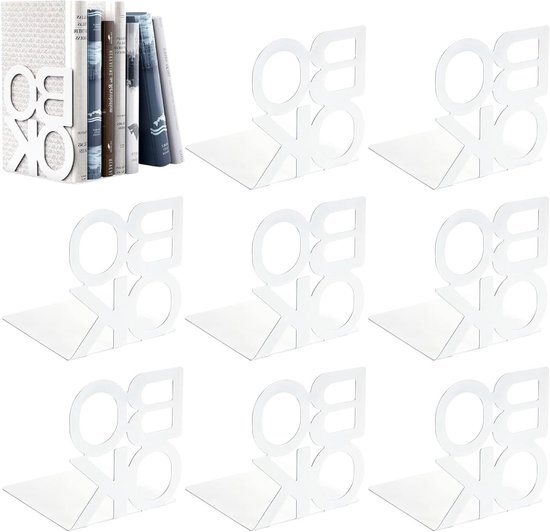 Decoratieve metalen boeksteunen - 8-delige set, antislip boekhouders voor kantoor, school en thuisgebruik (Wit)
