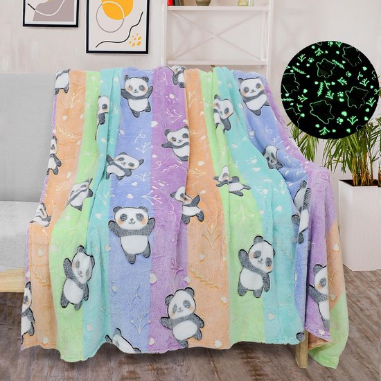Deken voor kinderen, panda-deken, knuffeldeken verlicht in het donker, fleecedeken, cadeau voor meisjes, pluizige deken, zachte woondeken (panda-A, 130 x 150 cm