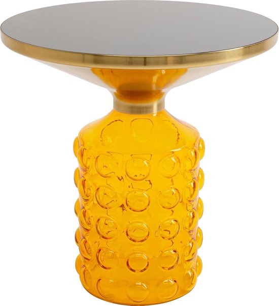 Design bijzettafel Lola geel, rond, diameter 35 cm, glazen sokkel, salontafel, woonkamer, nachtkastje