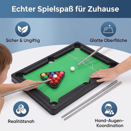 Draagbare mini-biljarttafel van ABS-materiaal, compact tafelspeelgoed voor kinderen met 15 ballen en 2 keus, ideaal voor binnen en buiten spelen