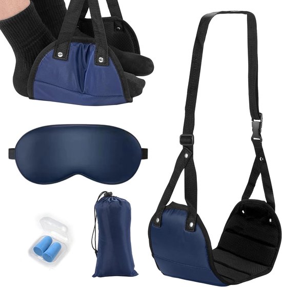 Draagbare Voetensteun voor Reizen, Blauwe Voetenhangmat met Slaapmasker en Oordoppen voor Vliegtuig, Auto en Trein