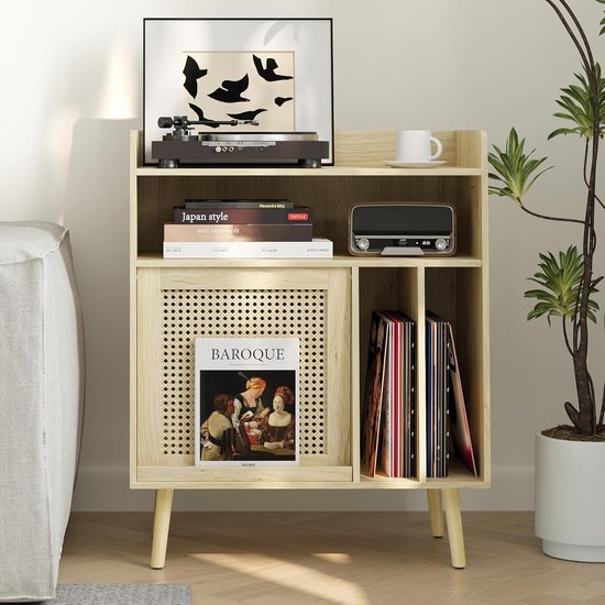 Draaitafel tafel met vinyl opbergfunctie, grammofoonplaatstandaard met rotan kastdeuren en massief houten tafelpoten, geschikt voor platenspelers. (groot)