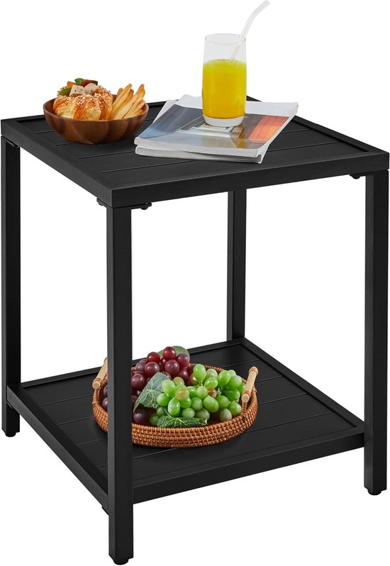 Dubbellaagse tuintafel, bijzettafel van latten, vierkante koffietafel van metaal voor buiten, outdoortafel, 45 x 45 x 54 cm, zwart