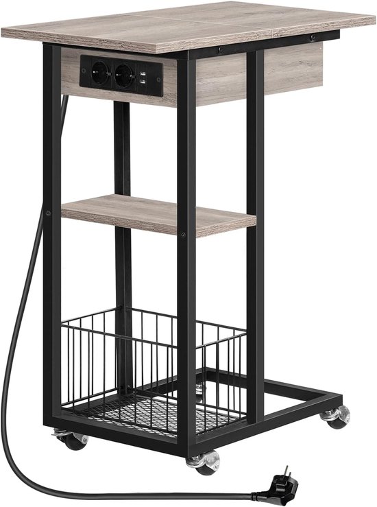 EBG022SF01 Bijzettafel met laadstation, C-vormige salontafel, salontafel met wielen en opbergblad, nachtkastje voor woonkamer, slaapkamer, zwart