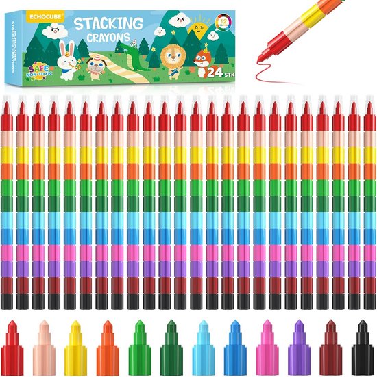 ECHOCUBE 24 x Stackable Wax Crayons for Kids, Rainbow Point Colored Pencils, Multicolor Crayons for School Drawing, Colour Wax Crayons Set for Kids Birthday Gift,Party Bag Fillers