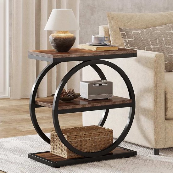 Eindtafel, smalle bijzettafel met 3 opbergplanken, houten constructie, zwarte metalen frames, industriële bank voor woonkamer, slank nachtkastje
