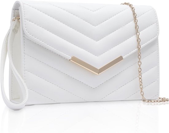 Elegante Vegan Leren Clutch in Wit met Polssteun en Ketting voor Avond, Bruiloft en Feestjes - Perfecte Handtas voor Prom en Banquet 23x16